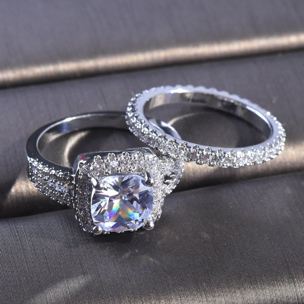NEW 2PC/Set 925 Silver Cushion Diamond Halo Ring - Picture 2 of 6